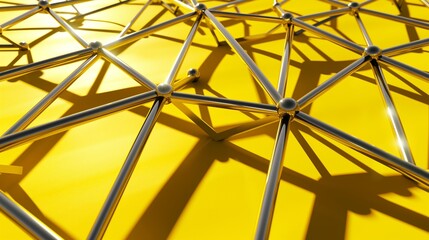 Fototapeta premium A sleek 3D render of interconnected, metallic rods arranged in an intricate pattern, casting detailed shadows on a vibrant yellow surface. 32k, full ultra hd, high resolution -