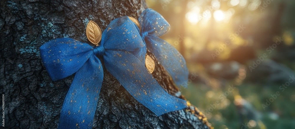 Poster ribbons adorning tree trunk in soft sunlight creating a serene and tranquil forest atmosphere.