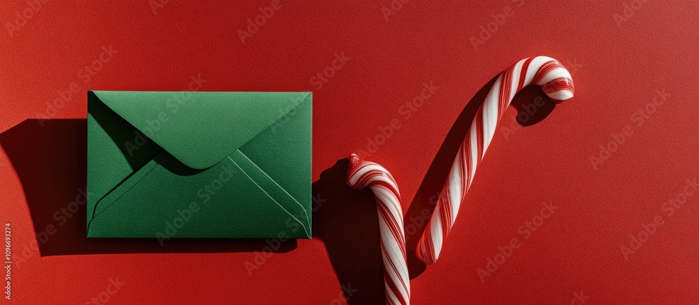 Poster green envelope and candy cane on red background creating a festive postal flat lay with empty space 
