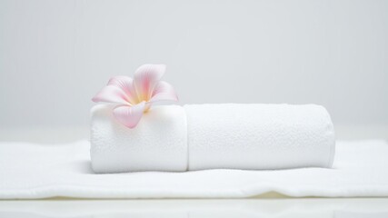Luxurious white towel adorned with a delicate flower embellishment, flower, soft