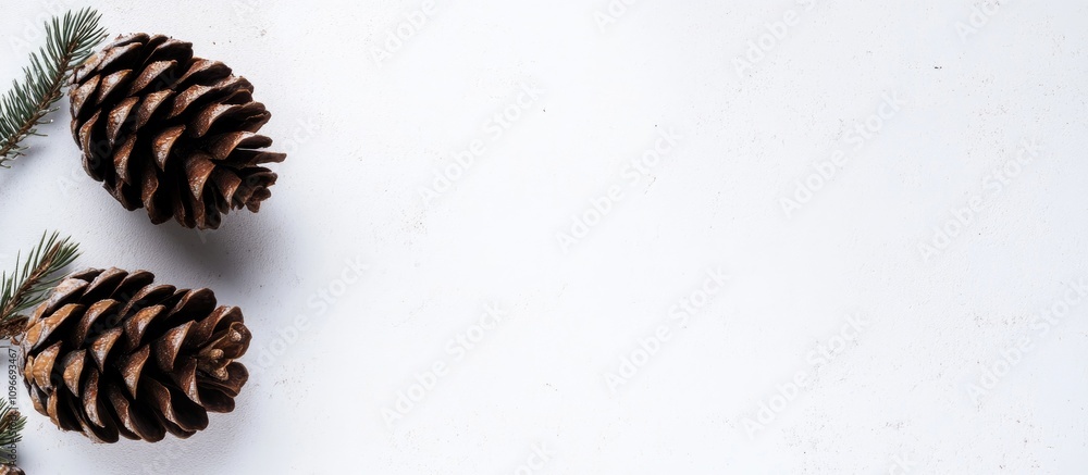 Aufkleber two brown pine cones with green needles on a white background top view macro space for text or desig