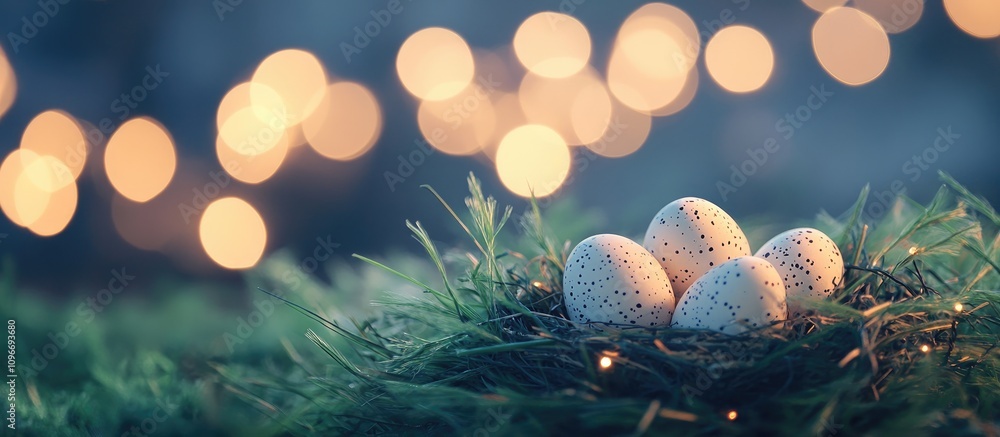 Poster easter eggs nestled in green grass with soft focus bokeh lights creating a dreamy spring atmosphere 