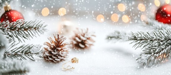 Cozy winter Christmas scene with snowflakes, pinecones, and festive decorations creating a serene holiday ambiance in gentle snowfall