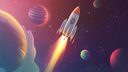 Naklejka premium Colorful cartoon rockets exploring the vibrant cosmos. Space Background for Wallpaper. AI generated image