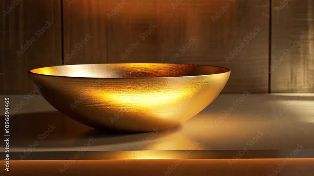 Aufkleber a beautifully crafted gold bowl rests on a minimalist countertop, accentuated by warm ambient lighti