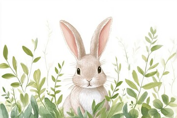 Obraz premium A watercolor painting of a rabbit sitting in the grass, with flowers and leaves surrounding it