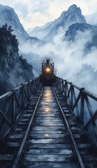 A train is shown moving down a mountain track in the painting.