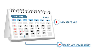 desk calendar for january 2025 with holidays label callout. vector illustration isolated on white background.