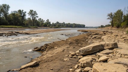 Muddy river bank with exposed rocks and water, river, riverbank, natural scenery, pebbles