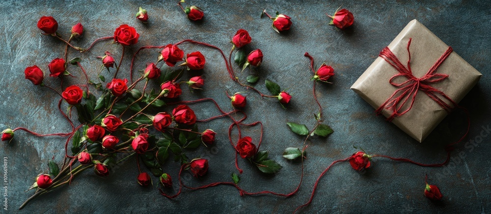 Poster elegant red roses arranged with a gift box on a textured gray table creating a romantic and inviting