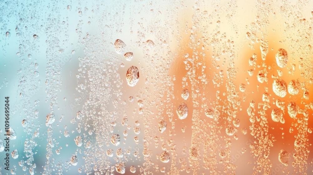Poster a close-up view of raindrops on a window, creating a blurred effect. the soft orange and blue hues i