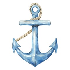 A watercolor illustration of a blue anchor with a rope, symbolizing stability and maritime themes.