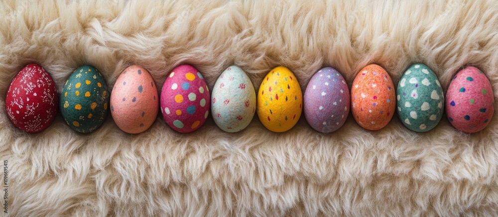 Poster hand-painted colorful easter eggs arranged in a line on a soft wool or fur background creating a vib