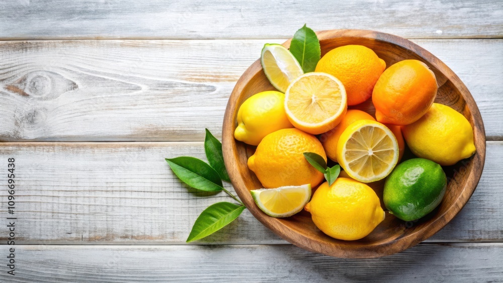 Poster a bowl of ripe lemons, limes, and oranges on a whitewashed wooden background, displaying a vibrant a