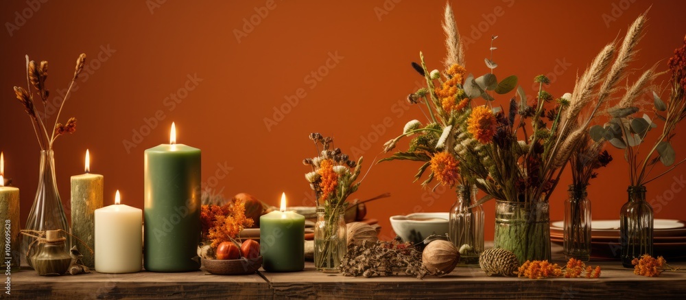 Aufkleber charming table setting featuring green and orange candles with dried flowers creating an inviting at