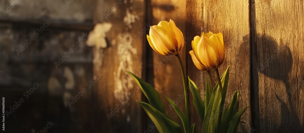 Poster yellow tulips illuminated by soft light with a rustic wooden background creating a warm and inviting