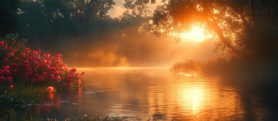 Obraz premium Golden morning glow illuminating serene river landscape with vibrant flowers and misty reflections in tranquil nature setting.