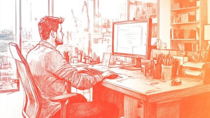 A person working at a desk with a computer in a modern office setting.