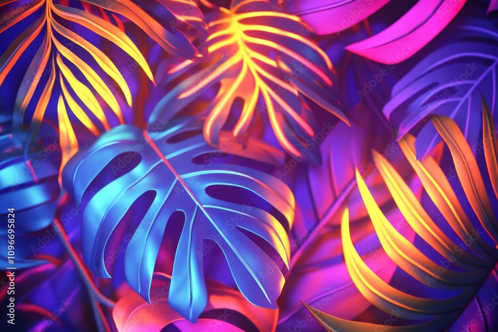 Poster close-up shot of multiple tropical leaves with intricate patterns and textures