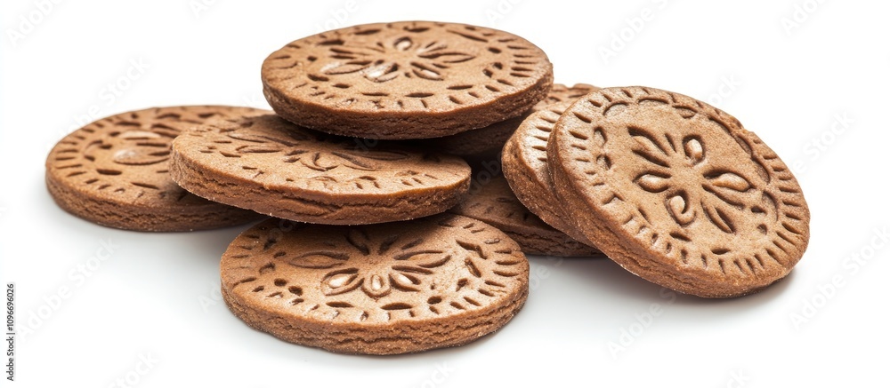 Poster gingerbread cookies with intricate designs stacked on a white background displaying their textured s