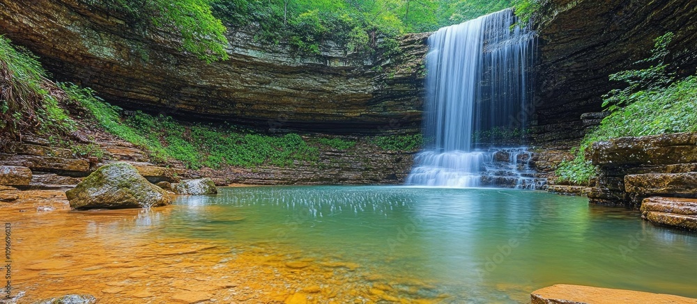 Poster serene waterfall cascading into tranquil pool surrounded by lush greenery and rock formations in nat