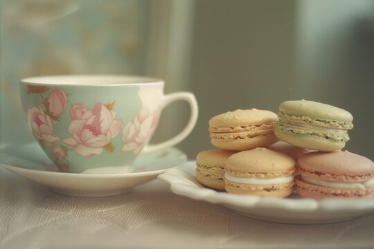 A plate of colorful macarons accompanied by a cup of steaming hot coffee