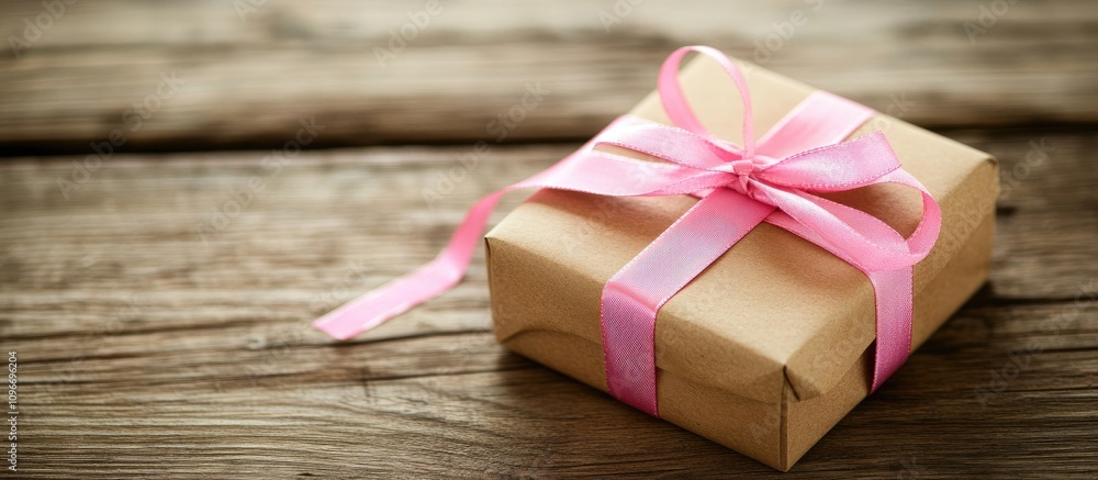 Poster charming gift box wrapped in pink ribbon on rustic wooden background with ample space for custom tex