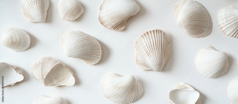 Poster assorted white seashells arranged thoughtfully on a clean white background creating a serene coastal