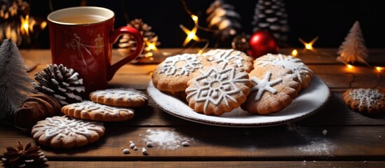 Fototapeta premium Festive Christmas cookies arranged on a plate with a cup of tea and decorative elements on a wooden table for a cozy holiday atmosphere