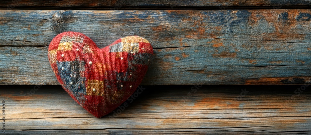 Poster textured red fabric heart positioned on rustic wooden surface creating a warm and inviting atmospher