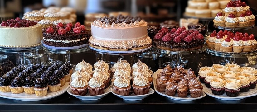 Gourmet wedding dessert display showcasing an elegant variety of pastries and cakes beautifully arranged for a celebration