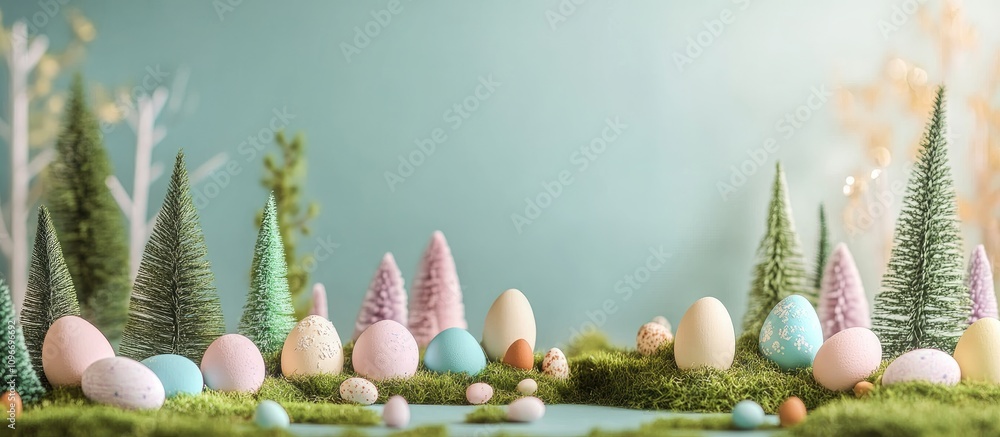 Poster easter natural backdrop with colorful eggs and miniature trees on green moss creating a festive spri