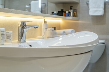 Fototapeta premium A white sink situated beneath a bathroom mirror
