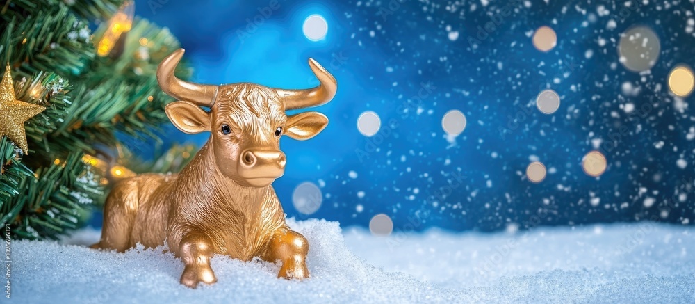 Poster golden toy bull in snow with christmas tree background creating a festive new year postcard atmosphe