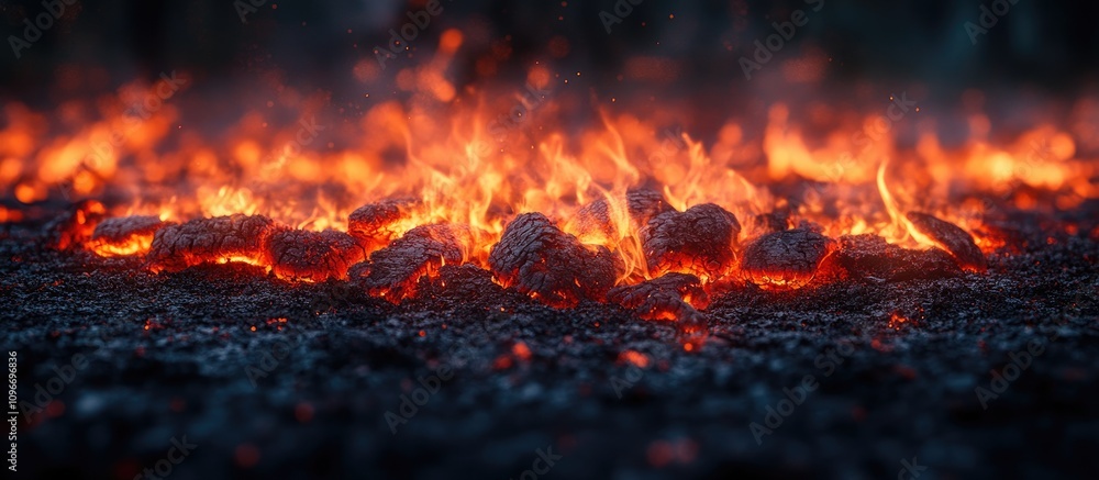 Poster close up of glowing embers and flames consuming wood on the ground creating a warm and dynamic fire 