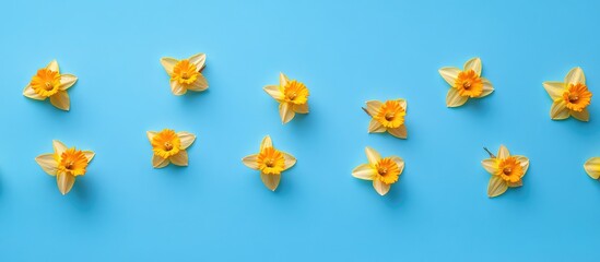 Obraz premium Bright yellow daffodils arranged on a vivid blue background celebrating spring's vibrant colors and natural beauty.