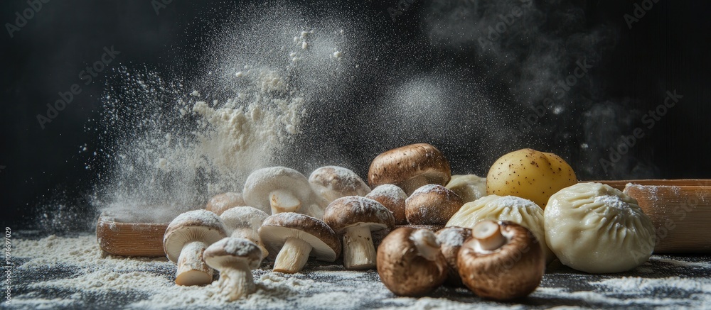 Aufkleber dumplings mushrooms and potatoes on a dark background with flour dusting creating a rustic culinary 