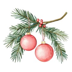 A watercolor illustration of evergreen branches adorned with two pink Christmas ornaments and red berries, perfect for festive decorations.