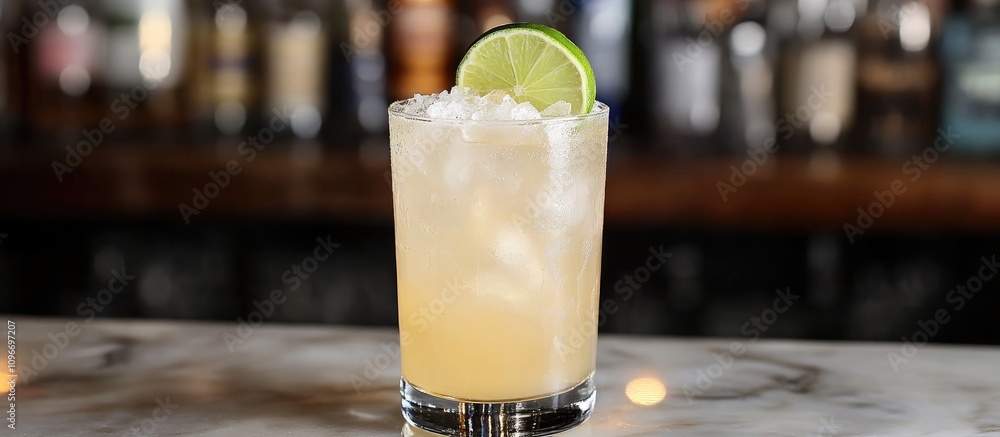 Poster refreshing cocktail with lime slice on ice in bar setting