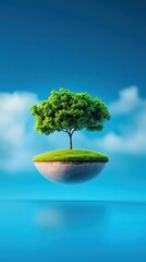 Floating Green Tree on Sphere Against Blue Sky Background Represents Concept of Environmental Sustainability and Nature Conservation in Modern Design