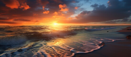 Serene sunset over the ocean with vibrant colors and gentle waves reflecting the warm glow of the setting sun on the horizon.