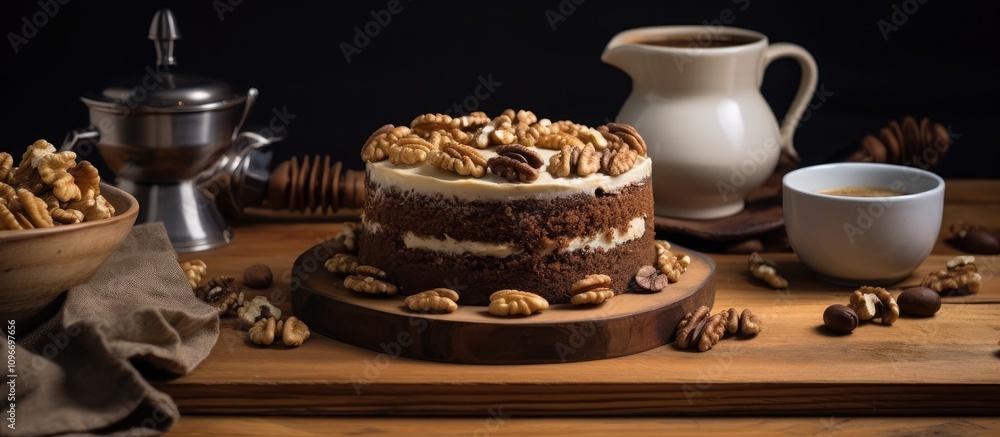 Aufkleber coffee and walnut cake displayed on rustic wooden table with coffee cup beans and walnuts creating a