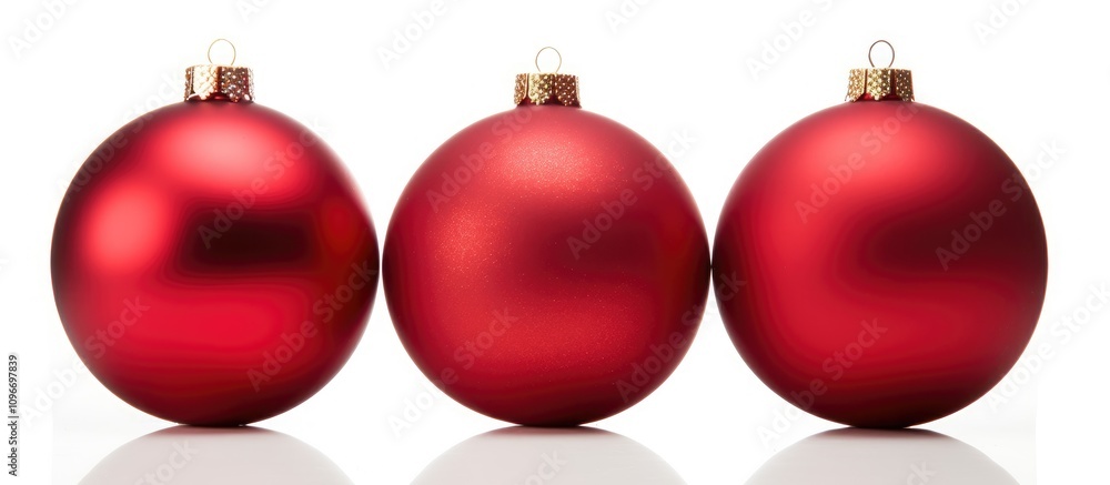 Poster three glossy red christmas ornaments arranged in a row with a reflective surface on a white backgrou