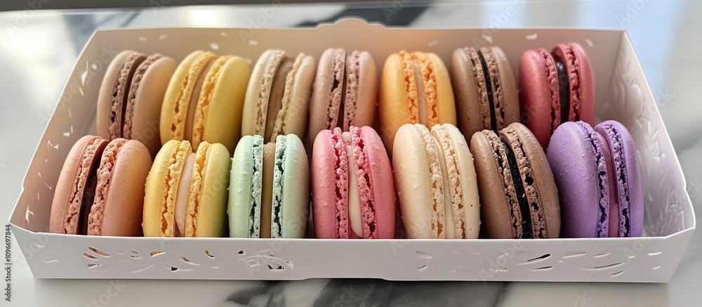 Poster assorted colorful french macarons in a decorative box arranged neatly on a marble surface