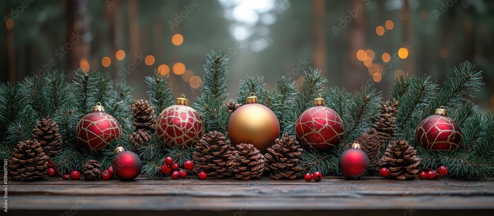 Poster festive pinecone and ornament holiday display with evergreen branches on a wooden table creating a w