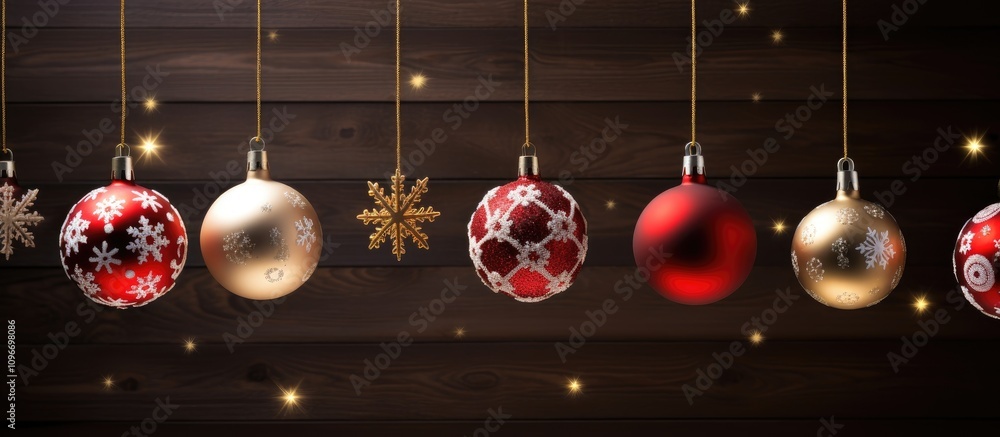 Poster christmas ornaments and snowflakes hanging on a string against rustic wooden background with ample s