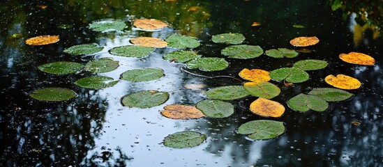 Serene pond with lily pads and autumn leaves reflecting after summer rainfall