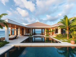 Fototapeta premium A stunning oceanfront villa with modern luxury amenities, surrounded by lush tropical gardens, travel, property