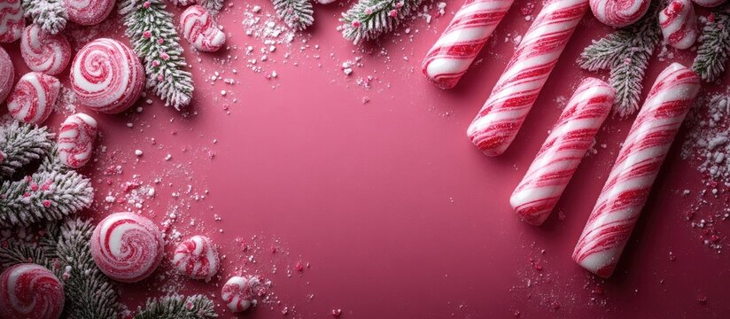 Candy canes and festive decorations flat lay with pink background and space for holiday text or seasonal promotions - Powered by Adobe