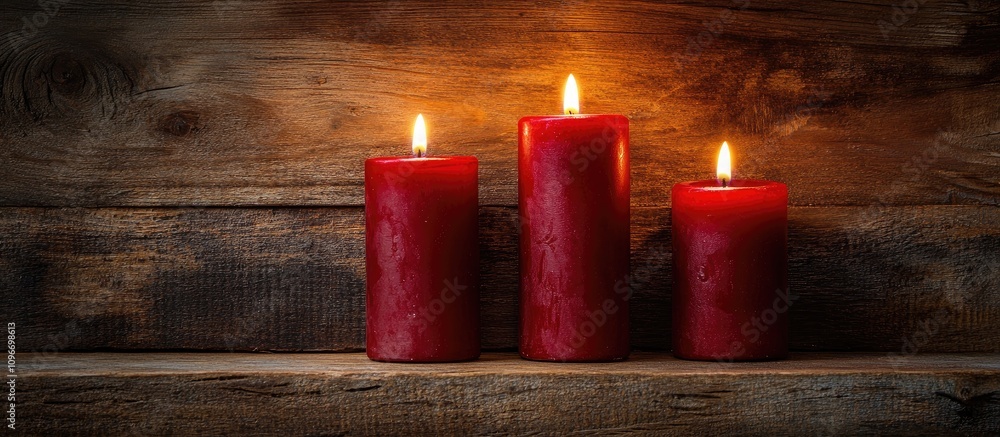 Aufkleber three red candles glowing softly against a rustic wooden background creating a warm and inviting atm